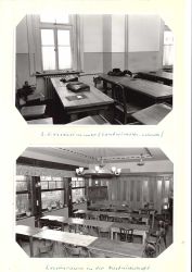 Foto der Klassenräume nach dem Krieg, u.a. einer Gastwirtschaft