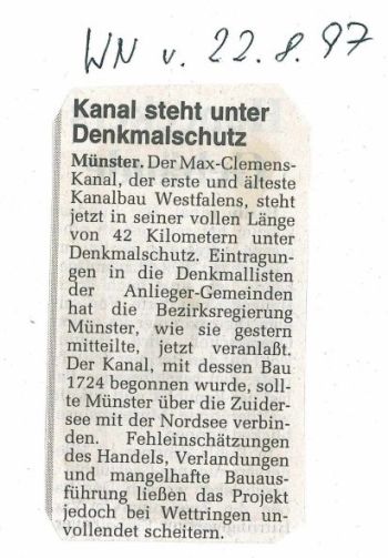 Zeitungsausschnitt zur Ernennung des Max-Clemens-Kanals zum Denkmal