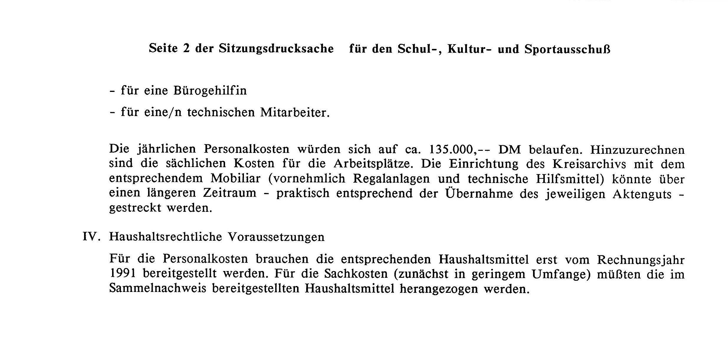 Beschlussvorlage des Schul-, Kultur- und Sportausschusses zur Einrichtung des Kreisarchivs - Rückseite