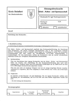 Beschlussvorlage des Schul-, Kultur- und Sportausschusses zur Einrichtung des Kreisarchivs - Vorderseite
