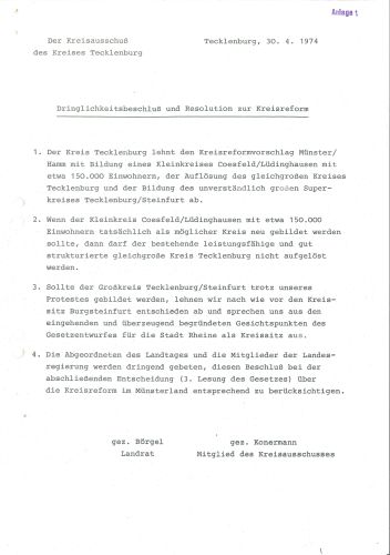 Dringlichkeitsbeschluss und Resolution zur Kreisreform des Kreisausschusses Tecklenburg vom 30. April 1974