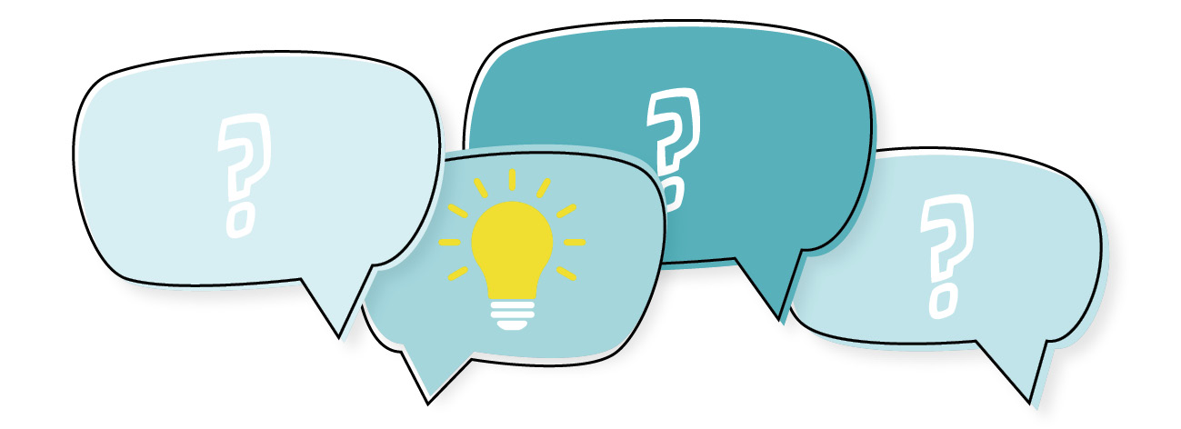 Foto mit verschiedenen Sprechblasen, Fragezeichen und Glühbirne Foto mit verschiedenen Sprechblasen, Fragezeichen und Glühbirne