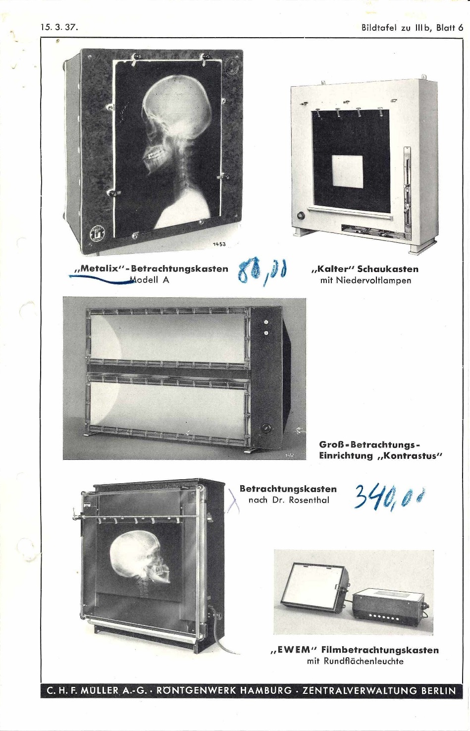 Seite aus Werbeprospekt für Röntgengeräte (1937)