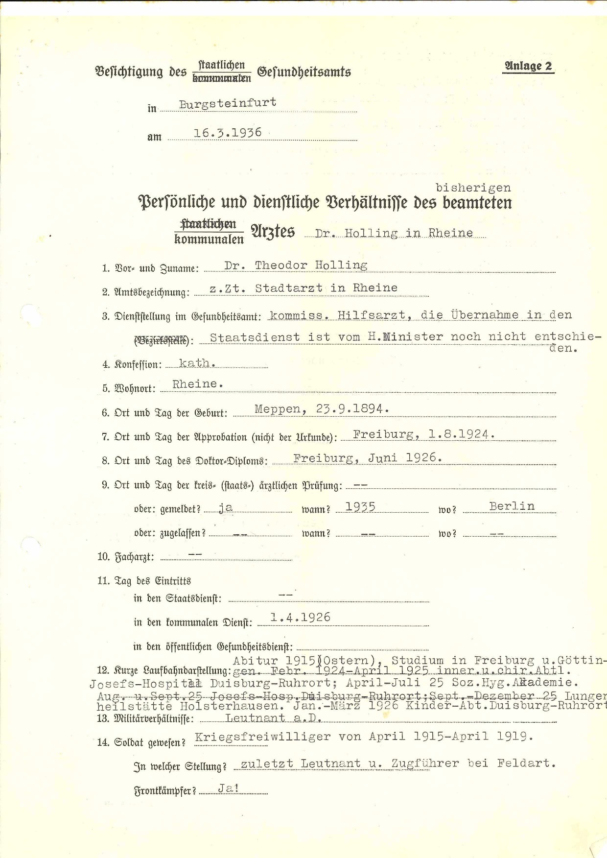 Personalbogen von Dr. Theodor Holling (1936)