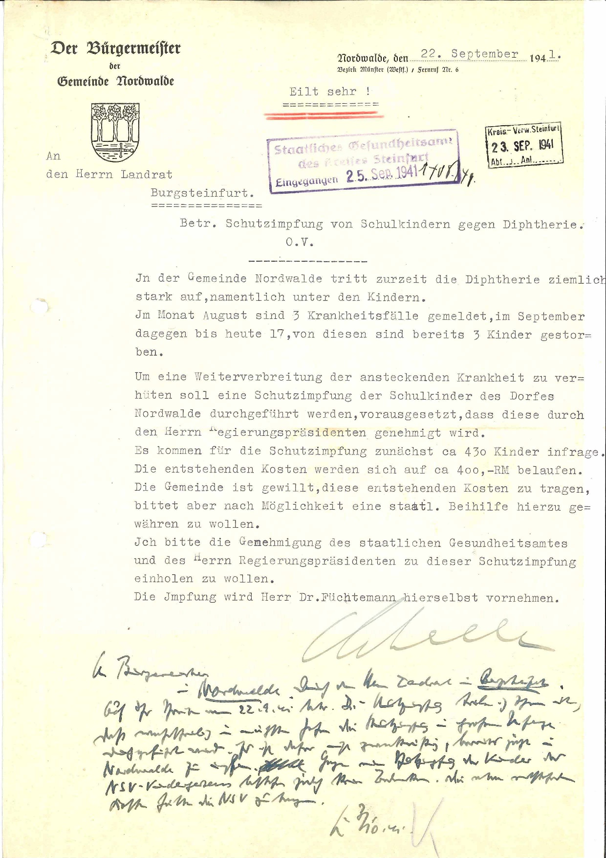 Plan des Bürgermeisters Nordwalde zu Schulimpfungen gegen Diphtherie (1941)