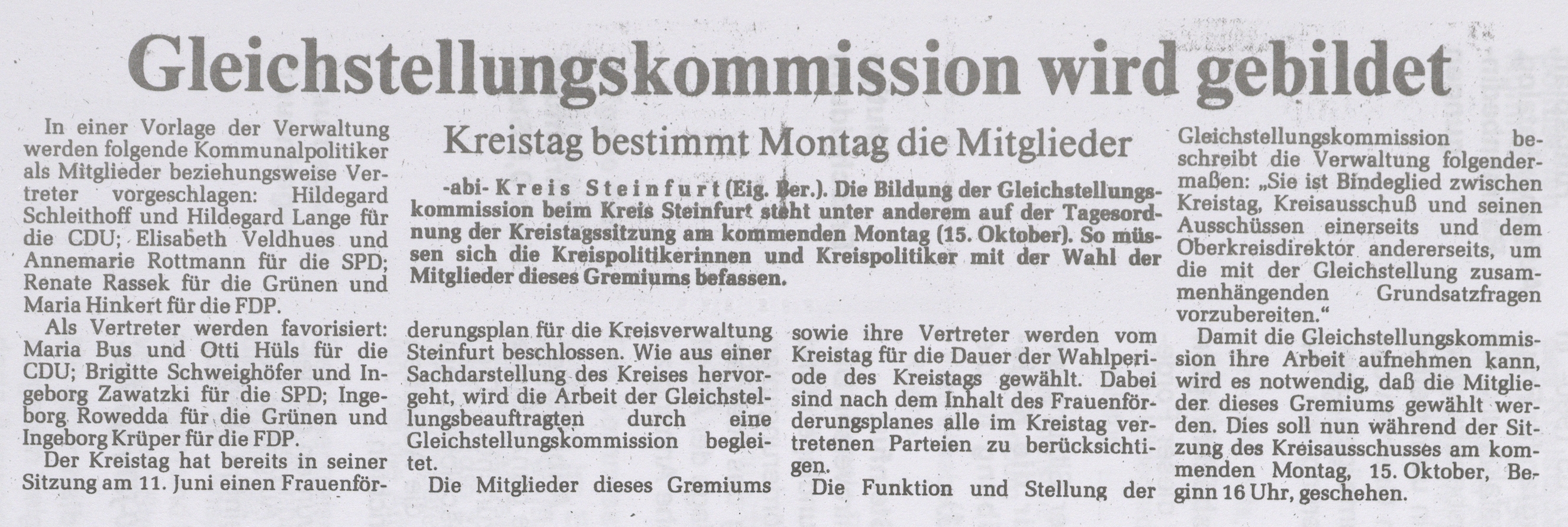 Zeitungsartikel über die Gründung der Gleichstellungskommission Zeitungsartikel über die Gründung der Gleichstellungskommission