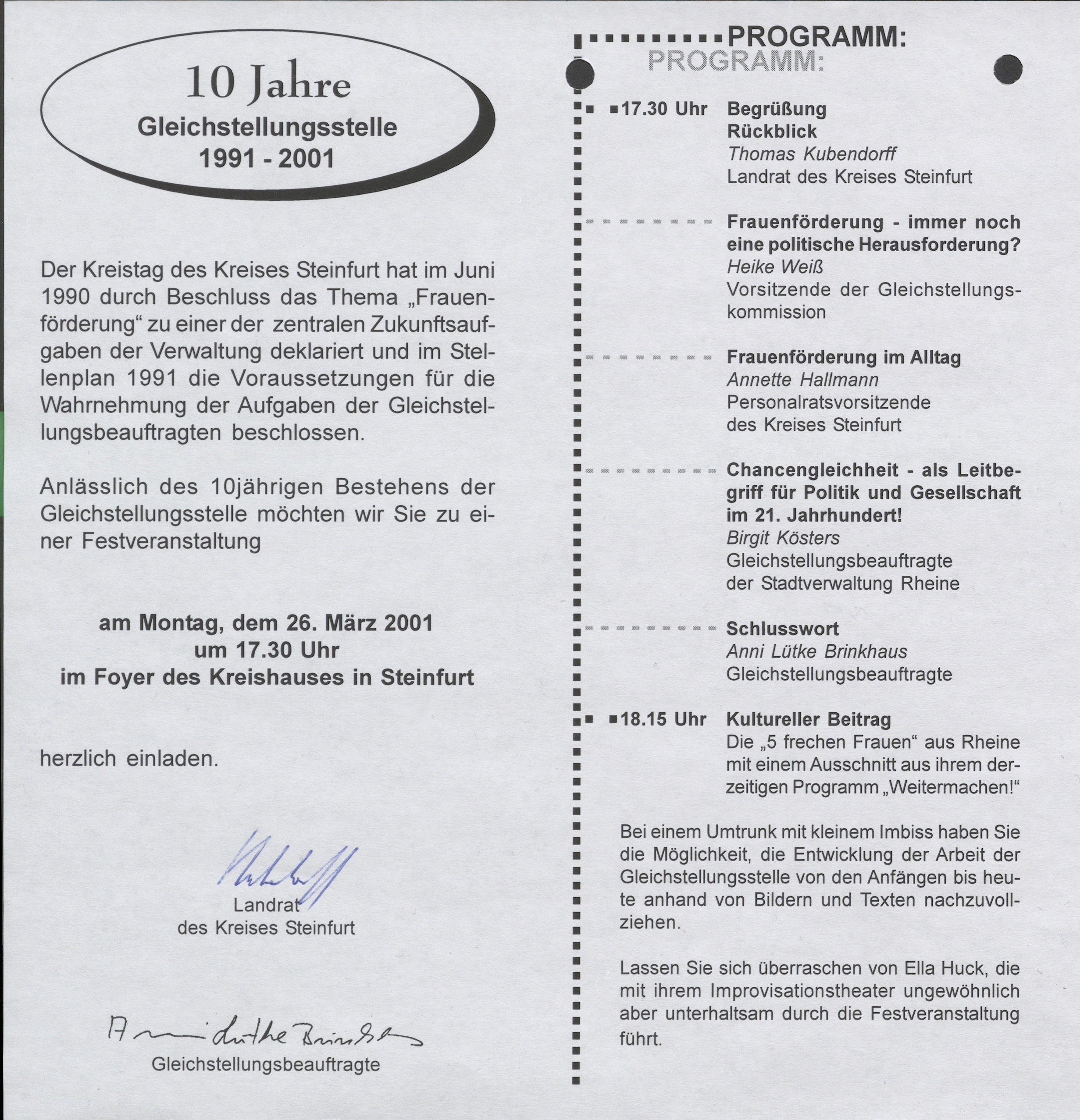Programmheft der Festveranstaltung zum 10-jährigen Jubiläums der Gleichstellungsstelle Programmheft der Festveranstaltung zum 10-jährigen Jubiläums der Gleichstellungsstelle