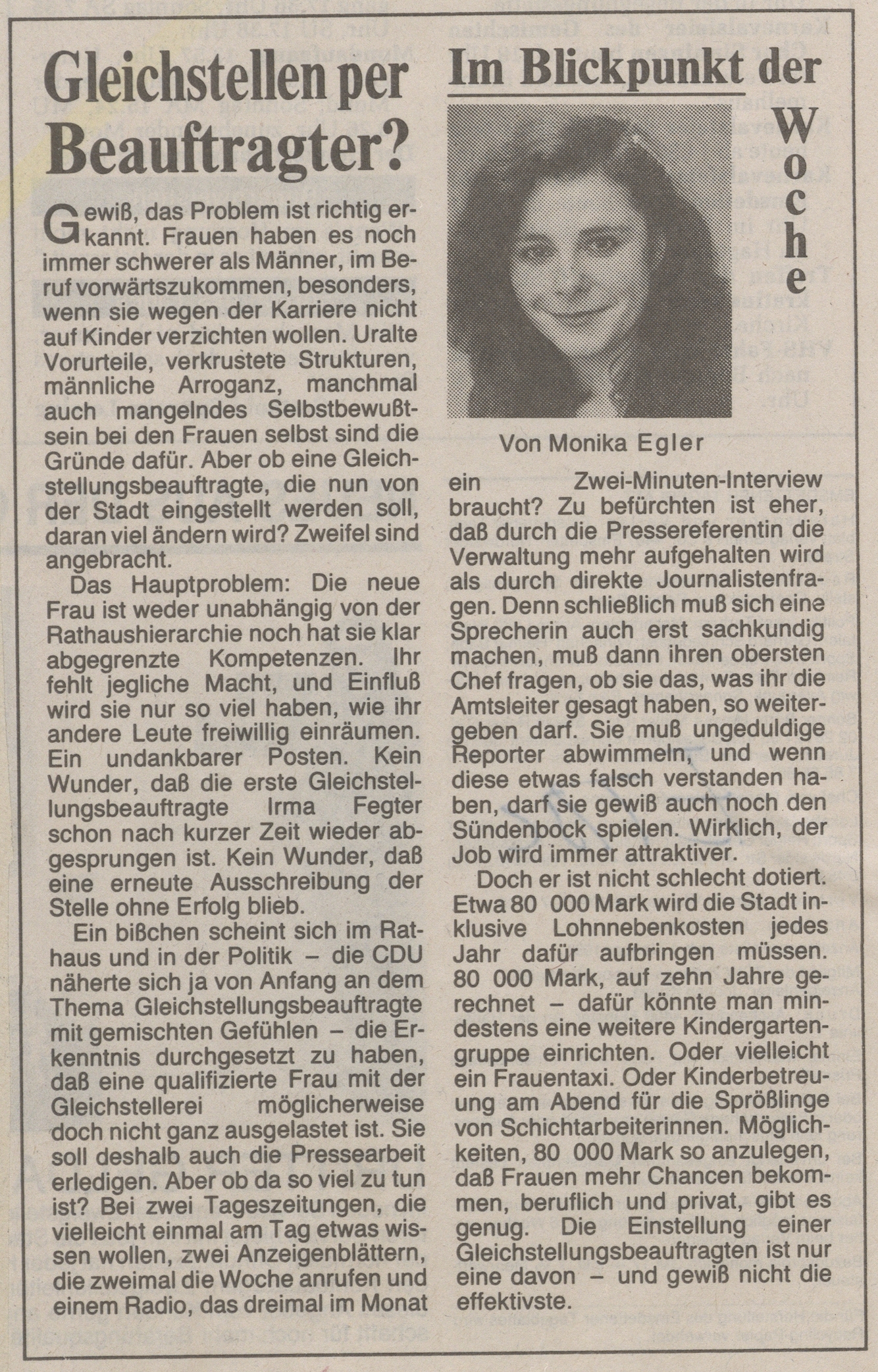 Kommentar „Gleichstellen per Beauftragte?“ von Monika Egler Kommentar „Gleichstellen per Beauftragte?“ von Monika Egler