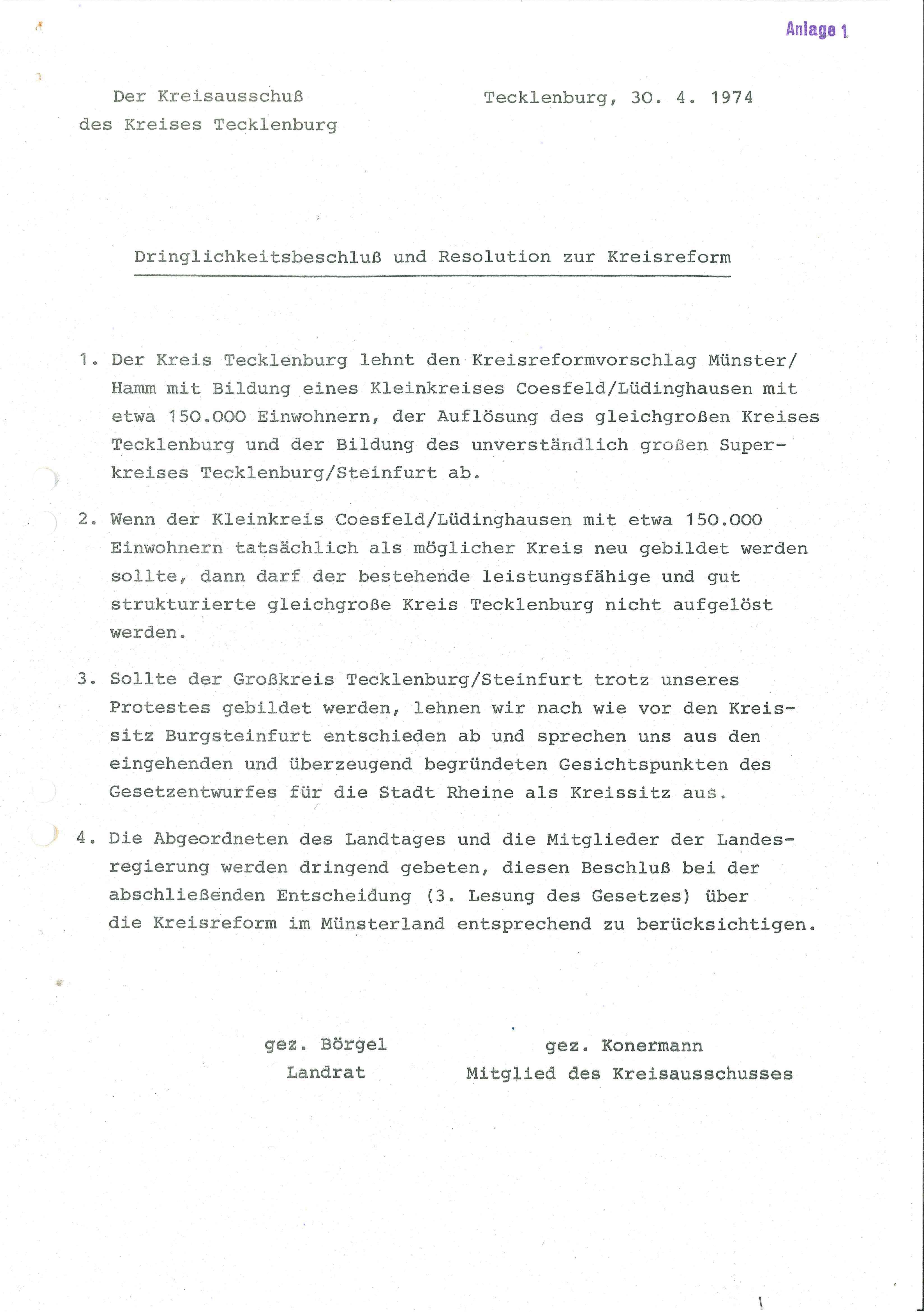 Dringlichkeitsbeschluss und Resolution zur Kreisreform des Kreisausschusses Tecklenburg vom 30. April 1974 Dringlichkeitsbeschluss und Resolution zur Kreisreform des Kreisausschusses Tecklenburg vom 30. April 1974