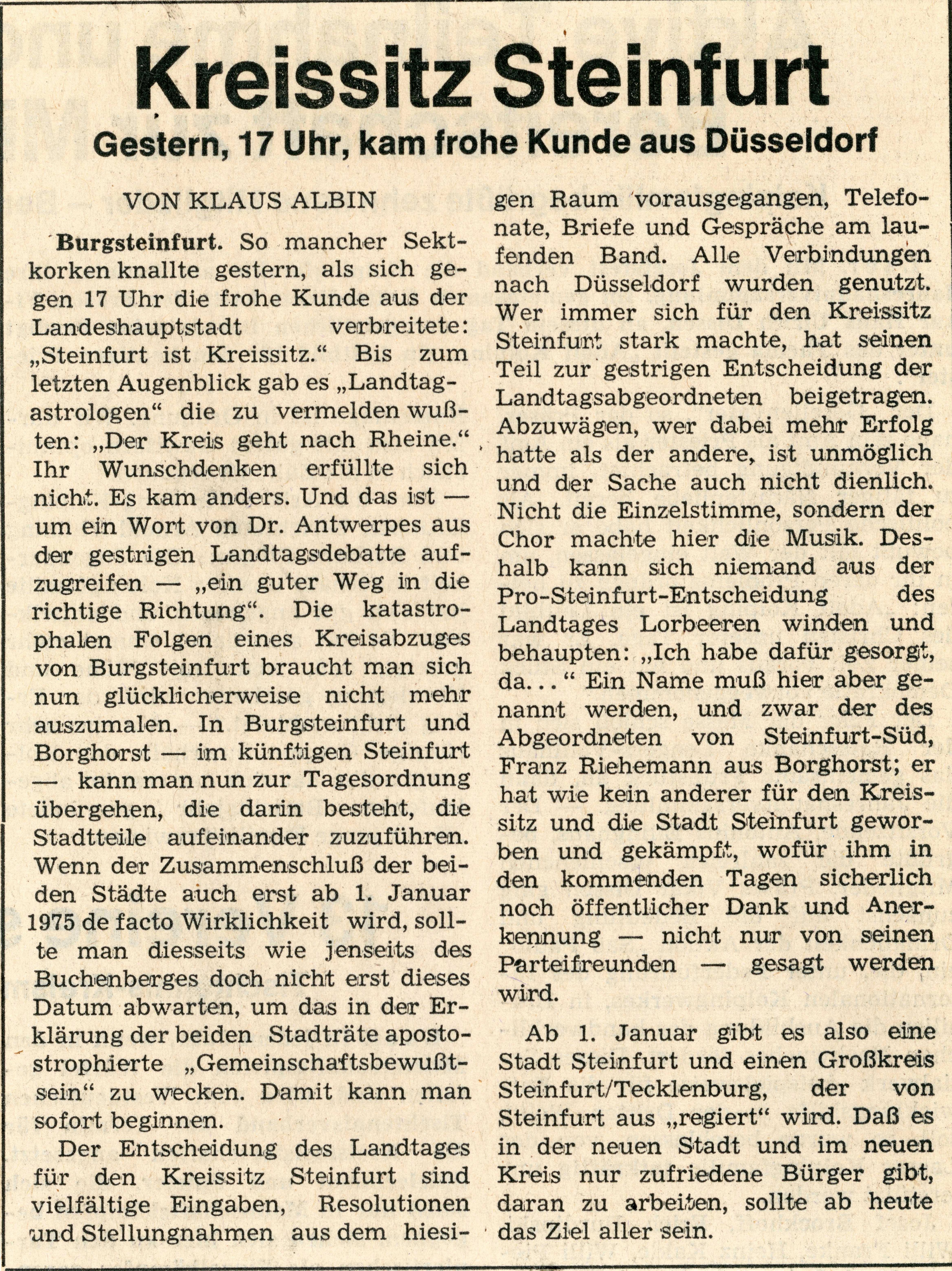 Zeitungsartikel der „Münsterschen Zeitung“ vom 9. Mai 1974 Zeitungsartikel der „Münsterschen Zeitung“ vom 9. Mai 1974